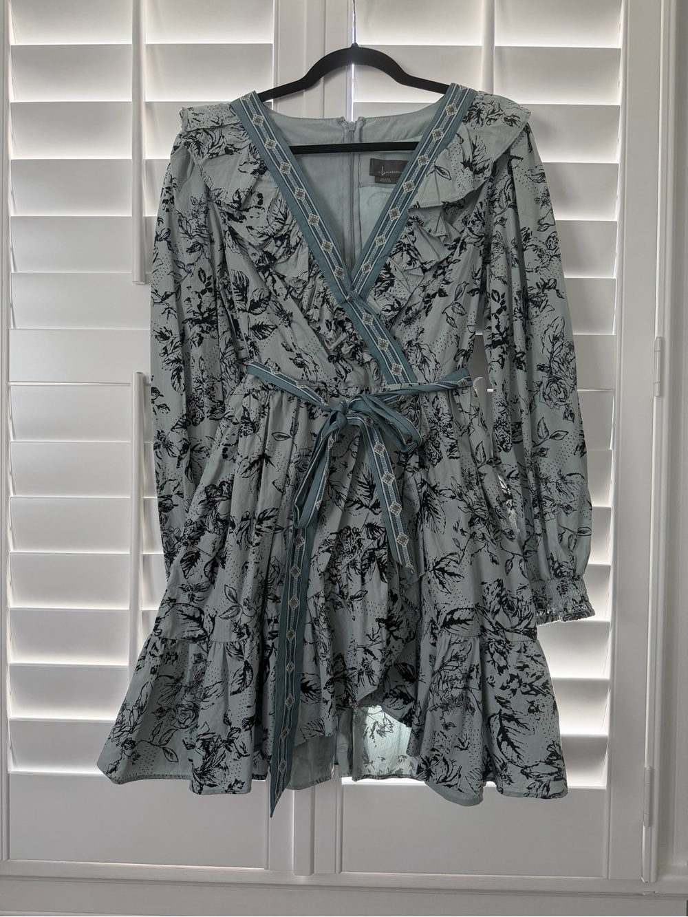 Anthropologie Mint Blue Floral Wrap Mini Dress with Black Print